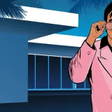 Mężczyzna w różowej marynarce poprawia okulary na tle budynku w stylu Vice City. Logo Grand Theft Auto Vice City.