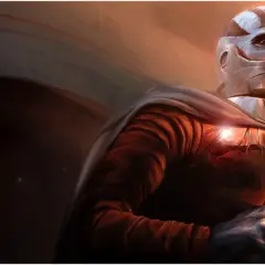 Star Wars Darth Malak, w zbroi i z czerwonym mieczem świetlnym, gotowy do walki.