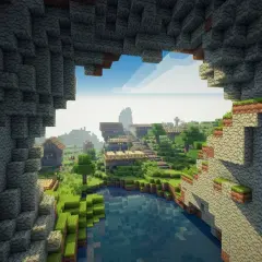 Widok na wioskę w najpopularniejszej grze na świecie, Minecraft. Woda, domki i zielone wzgórza.
