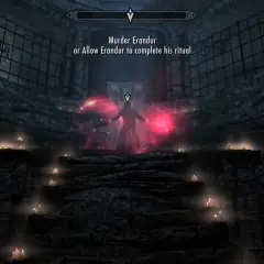 Mroczny rytuał w Skyrim. Postać otoczona czerwonymi aurami, wybór: zabić Erandura czy pozwolić mu dokończyć, to prawdziwy koszmar na jawie.