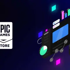 Logo Epic Games Store obok stylizowanej grafiki komputera z myszką. Sprawdź epic games darmowe gry lista!