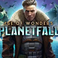 Postapokaliptyczna wizja z gry Age of Wonders Planetfall: człowiek w futrzanym kołnierzu, wojowniczka z plemienia Amazonek i potężne istoty walczą na tle kosmicznej bitwy.