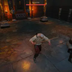 Geralt walczy z Rosą var Attre w bogato zdobionej sali. W tle portret i zbroje.