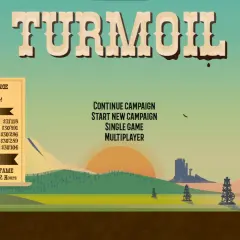 Tytuł gry TURMOIL, menu z opcjami kampanii, gry jednoosobowej i wieloosobowej. Po lewej tygodniowe wyzwanie z rankingiem.