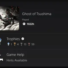Ghost of Tsushima: 1022h spędzone w grze, zdobyte trofea i podpowiedzi.