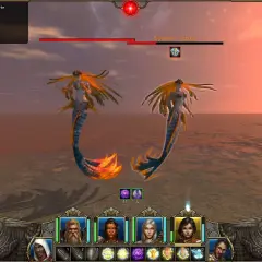 Dwie syreny w grze Might and Magic IX na tle zachodzącego słońca. W tle widać interfejs gry.