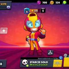 Ekran główny gry Brawl Stars na komputerze. Postać Max w centrum, menu po bokach. Graj!