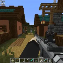 Gracz z karabinem w ręku w świecie Minecraft, gdzie piękne shadery podkreślają detale budynków i postaci.
