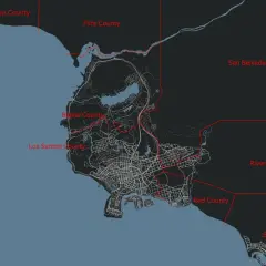 Mapa Los Santos i okolicznych hrabstw: Gumanap, Flint, Blaine, Red, San Belvedere, Riverbrooks i San Vizcaino.