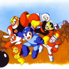 Grupa robotów z gry **Mega Man** szykuje się do akcji. W centrum niebieski bohater, otoczony przez kolorowych przeciwników i pomocników, na tle pustynnego krajobrazu.