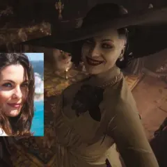 Lady Dimitrescu, wampirzyca z gry Resident Evil Village, uśmiecha się złowieszczo. Obok jej portretu znajduje się zdjęcie kobiety o brązowych włosach i niebieskich oczach.