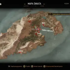 Mapa świata z zaznaczonymi lokacjami na wyspach Skellige: Britt, Wieś Svorl, Kevan i Jaskinia.
