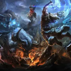 Draven i jego sojusznicy walczą z potężnym bykiem i innymi wrogami w epickiej bitwie.