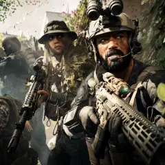 Żołnierze w kamuflażu, gotowi do akcji w kampanii Battlefield 6. W tle kwitnące krzewy i zieleń.