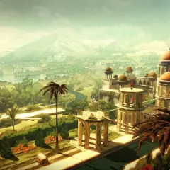 Widok na miasto z gry Assassin's Creed Chronicles India. Architektura z kopułami, palmy i góry w tle.
