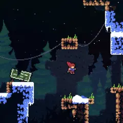 Dziewczynka z rudymi włosami skacze między platformami w lesie nocą. To scena z gry indie, gdzie każdy skok jest wyzwaniem.