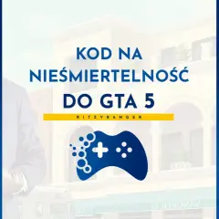 Michael z GTA 5 z pistoletem, obok napis "KOD NA NIEŚMIERTELNOŚĆ DO GTA 5" i niebieski kontroler.