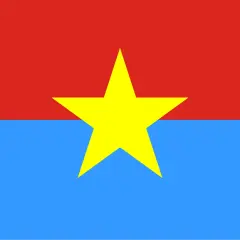 Flaga z żółtą gwiazdą na czerwono-niebieskim tle, symbolizująca Vietcong.