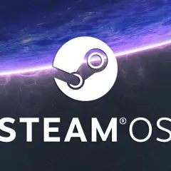 Logo Steam z napisem STEAM OS na tle kosmicznej planety. Steam to platforma cyfrowej dystrybucji gier.