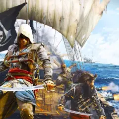 Na pokładzie statku, piraci z Assassin's Creed walczą, a w tle widać bitwę morską i wyspę.