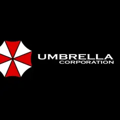 Logo Umbrella Corporation: czerwono-biały symbol parasola i napis.