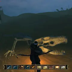 Gracz z łukiem stoi przed szkieletem dinozaura na pustyni. W okarze potrzebują więcej ludzi do eksploracji tego miejsca.