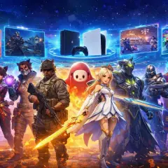 Postacie z gier, w tym żołnierz, wojowniczka i banan, stoją obok konsol PS4 i PS5, sugerując darmowe gry na PS4.