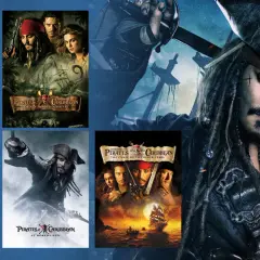 Plakaty filmów "Piraci z Karaibów online" z Kapitanem Jackiem Sparrowem i załogą.