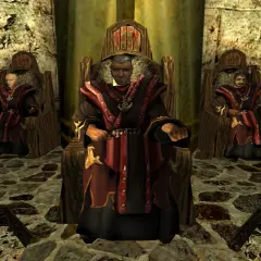 Trzej magowie ognia w szatach z Gothic siedzą na tronach.