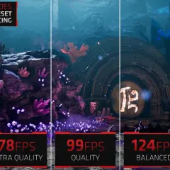 Porównanie wydajności Godfall na RX 6800 XT z fsr: od 49 FPS (Native) do 150 FPS (Performance).