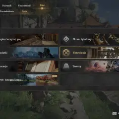 Menu gry z opcjami: Zapisz/wczytaj grę, Dodatki, Licencja, Tryb fotograficzny, Ekran tytułowy, Ustawienia, Twórcy. W tle widać efekt motion blur.