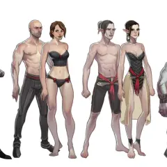 Postacie z Dragon Age: Qunari, ludzie, elfy i krasnoludy w zróżnicowanych strojach, od bojowych po letnie.