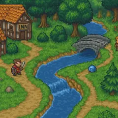 Pixelartowa scena z karczmą, rzeką i mostem. Postać z mieczem i tarczą przemierza ścieżkę, jak w popularnych grach RPG.