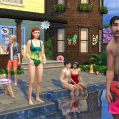 Rodzina cieszy się latem przy basenie, marząc o tym, jak grać w The Sims 4 za darmo.