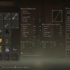 Radagon's Rivers of Blood+10, potężna katana z efektem krwawienia, gotowa do walki.