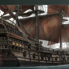 Majestatyczny galeon z "Piraci z Karaibów" z czerwonymi żaglami i czarną banderą z czaszką, gotowy na przygodę.