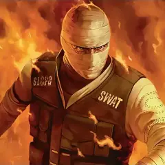 Joshua Graham, owinięty bandażami, w kamizelce SWAT, stoi na tle płomieni.