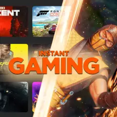 Sprawdź instant gaming opinie! Na obrazie Scorpion z Mortal Kombat, gry The Ascent, Cyberpunk 2077, Forza Horizon 5 i Resident Evil Village.