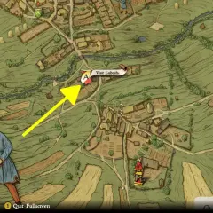 Mapa Kingdom Come: Deliverance. Strzałka wskazuje drogę do odwiedzenia Lubosza w Przybysławicach.