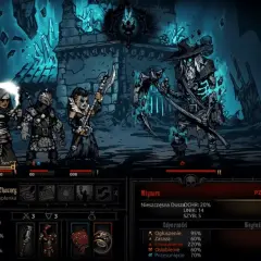 Drużyna bohaterów walczy z Młynarzem w mrocznej kniei Darkest Dungeon.