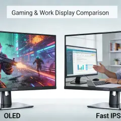 Porównanie monitorów: OLED z dynamiczną grą akcji i Fast IPS z pracą biurową.