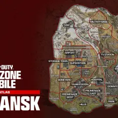 Mapa taktyczna Verdansk z zaznaczonymi lokacjami: lotnisko, miasto, więzienie, baza wojskowa i inne.