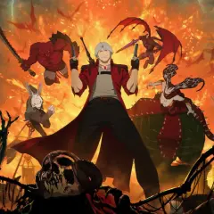 Dante z Devil May Cry 1, otoczony przez demony i płomienie, gotowy do walki.