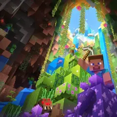 Steve i Alex eksplorują jaskinię w grze sandbox Minecraft. Wokół nich zombie, pająki i enderman.