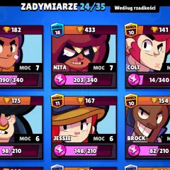 Ekran gry Brawl Stars z postaciami: Shelly, Nita, Colt, Bull, Jessie i Brock. Wszyscy to popularni brawl stars zadymiarze.