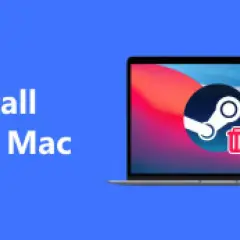 Jak usunąć Steam z komputera Mac? Ikona Steam z koszem na śmieci na ekranie laptopa.