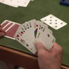 Gracz trzyma karty: 6, 9, 5, 4, 2, Walet, Walet, 2. Takie są gry w karty.
