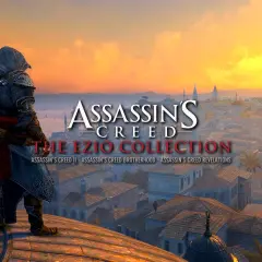 Ezio Auditore na dachu, patrzący na miasto o zachodzie słońca. Okładka Assassin's Creed II Discovery.