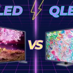 Porównanie telewizorów: po lewej LG OLED z kwitnącym drzewem, po prawej Samsung QLED z abstrakcyjnym obrazem. Który wybrać: OLED czy QLED?