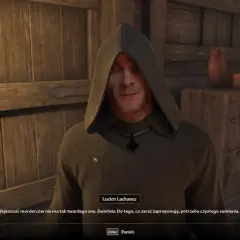 Lucien Lachance, członek gildii złodziei w grze Oblivion, w kapturze, mówi o mordercach i czystym sumieniu.